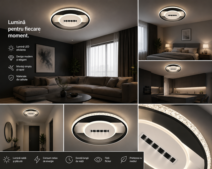 Lustra LED  cu Telecomanda, 60cm 91W Alb-Negru si 3 Tipuri de Lumina, Model 9334/3BK+WH