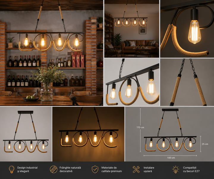 Pendul rustic cu 4 becuri, Ø1000×H290 mm, E27 max 60W, JD-83