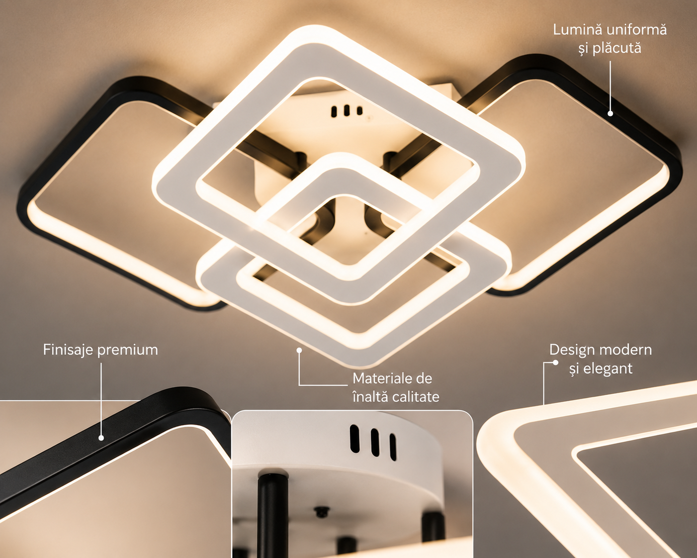 Lustră LED 67cm 164W Modernă cu 3 Tipuri de Lumină și Telecomandă Alb-Negru – Model 9011/S4+1WH+BK