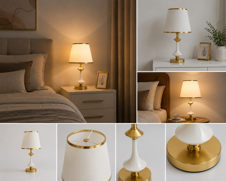 Veioza de Masă Albă cu Accente Aurii, H45 cm – Model 8619, Design Modern și Elegant