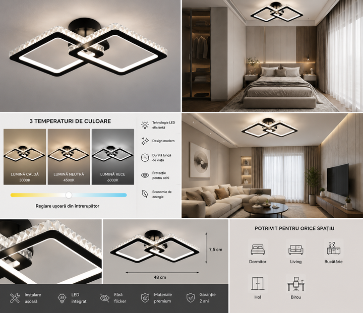 LUSTRĂ LED CU TELECOMANDĂ, 72W, LUMINĂ REGLABILĂ 3000K–6500K, 390×390×130 MM, DESIGN PĂTRAT MODERN 19376/2BK