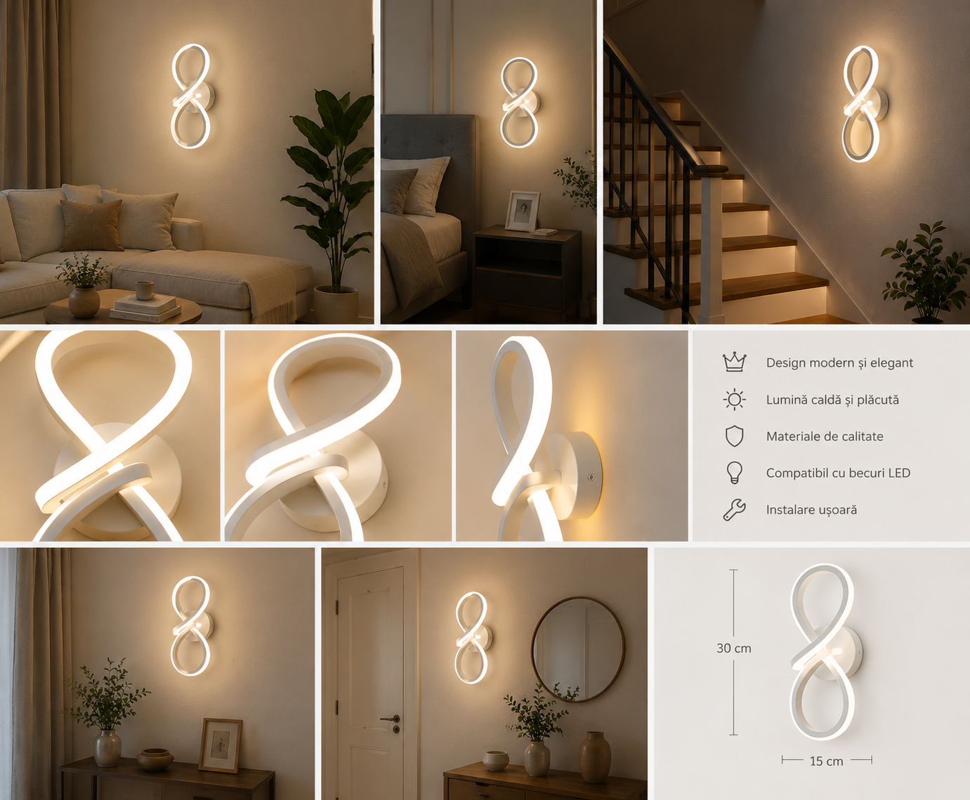 Aplica LED de Perete, Design Modern Infinit, 40W, 300×110×130 mm, Lumină Reglabilă 3000K–6500K