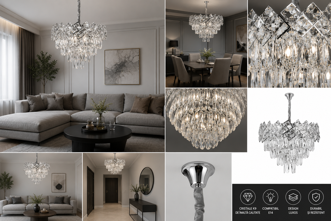 Candelabru Lux Cristale – 8650/400 | Ø40 cm, 5x E27, Design în cascadă