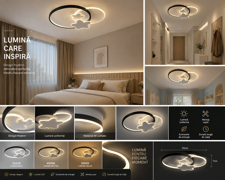 Plafoniera LED Copii 106W cu Stele Decorative și Telecomandă, Dimabilă 3000K–6500K, Design Jucăuș Alb-Negru – LD16-430
