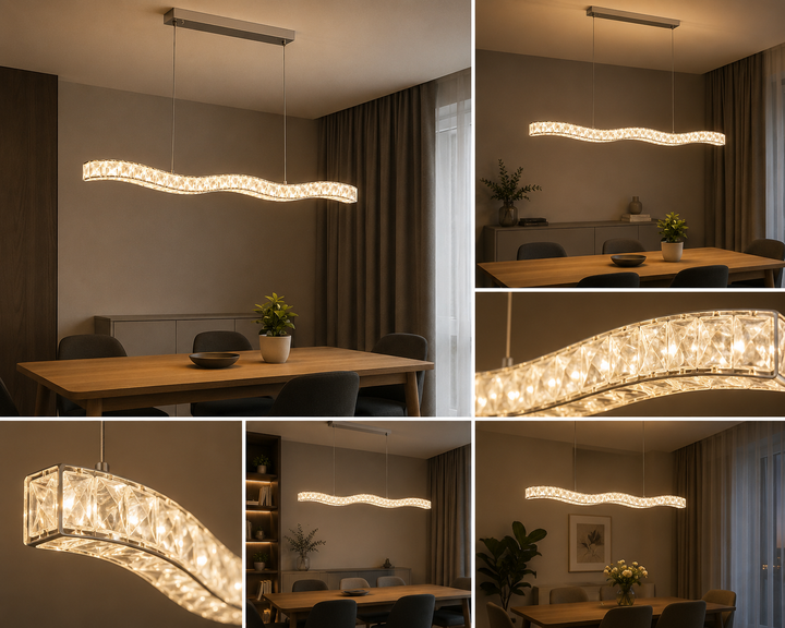 Pendul LED cu cristale, 56W, 800×100×1500 mm, lumină reglabilă 3000K–6500K, telecomandă inclusă
