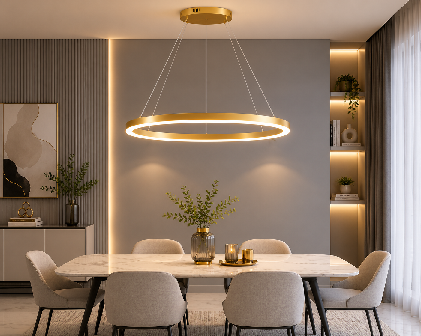 Pendul LED cu telecomanda, 55W, lumina reglabila 2800K–6500K, Ø500 mm, design auriu modern