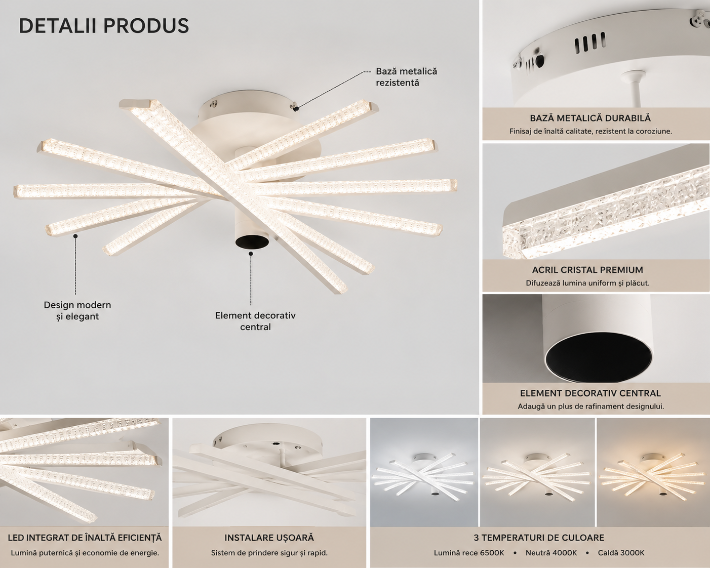 Lustra LED cu telecomandă, 620×620×200 mm, 144W, 3300K–6500K, finisaj alb, 2815/6