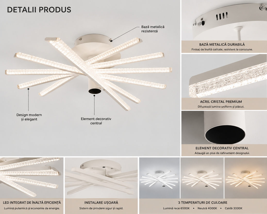 Lustra LED cu telecomandă, 620×620×200 mm, 144W, 3300K–6500K, finisaj alb, 2815/6