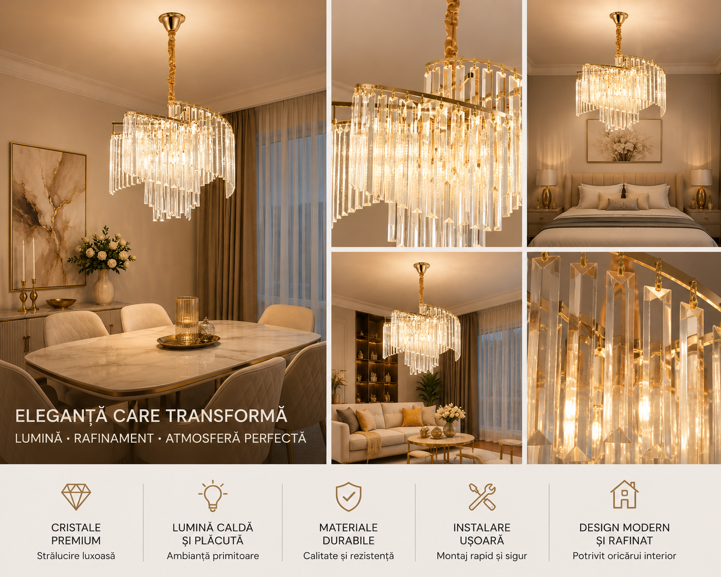 Candelabru Ø470×H380 mm, 6 becuri E27, design modern cu cristale și structură aurie 98068/500