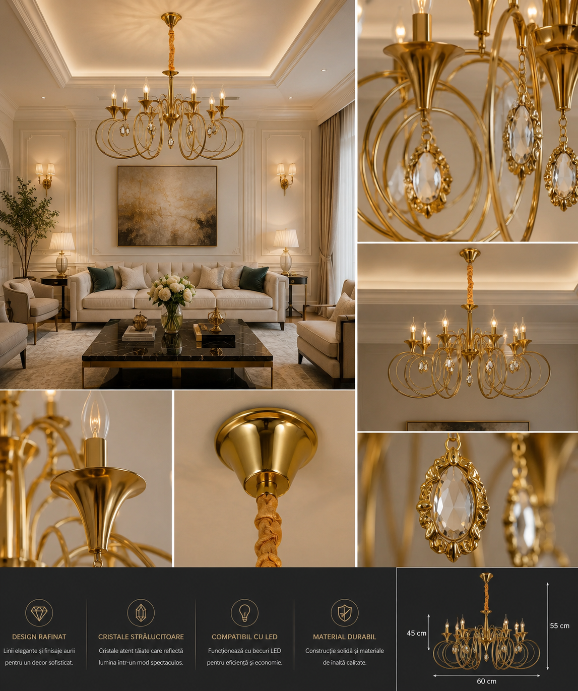 CANDELABRU CU 8 BRAȚE E14, CUPRU ANTIC, Ø450×H430 MM, DESIGN CLASIC CU CRISTALE DECORATIVE 20317/8