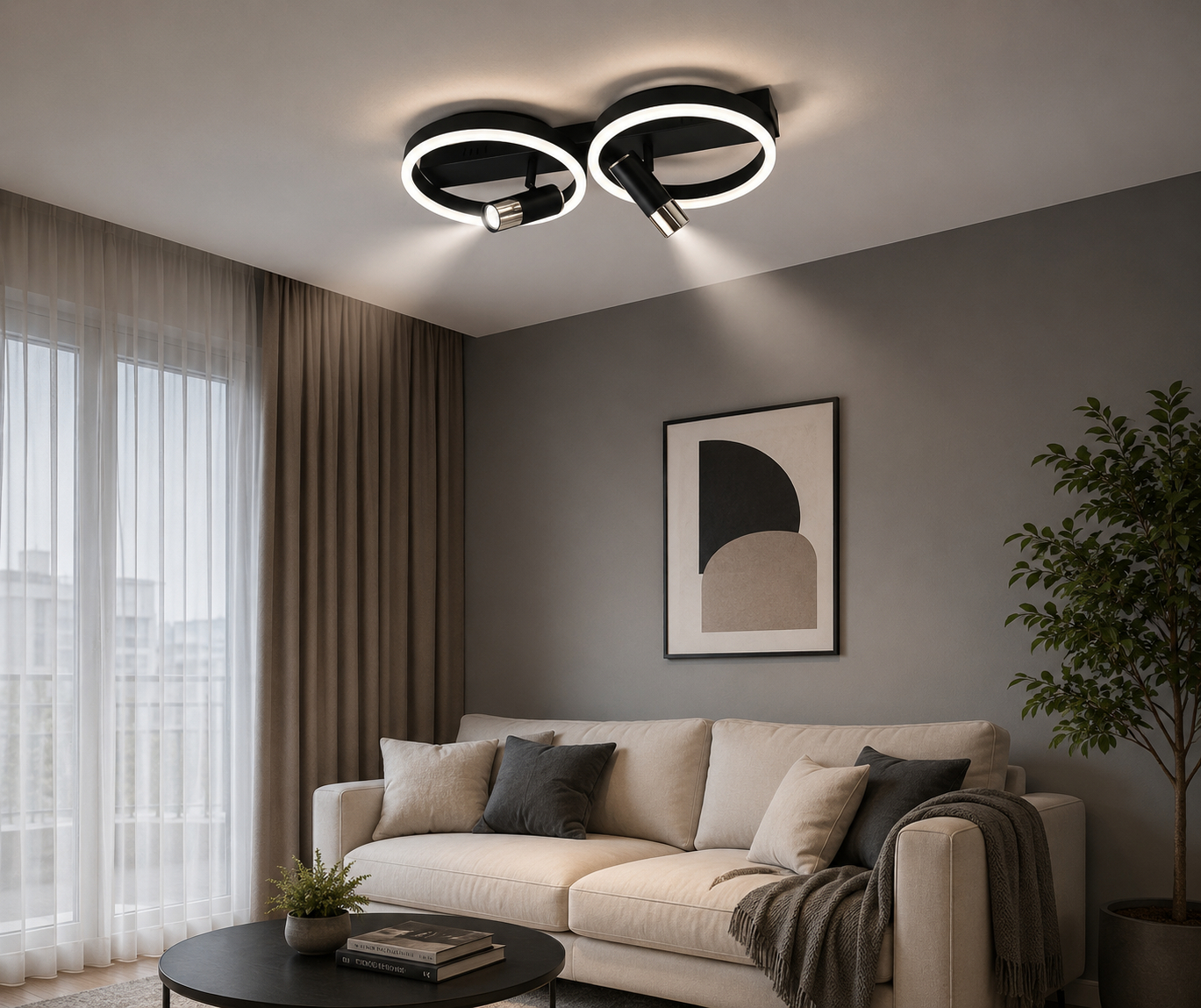 Lustră LED 51cm 62W Negru+Auriu cu 2 Inele și Telecomandă – Model 9345/4BK+FG