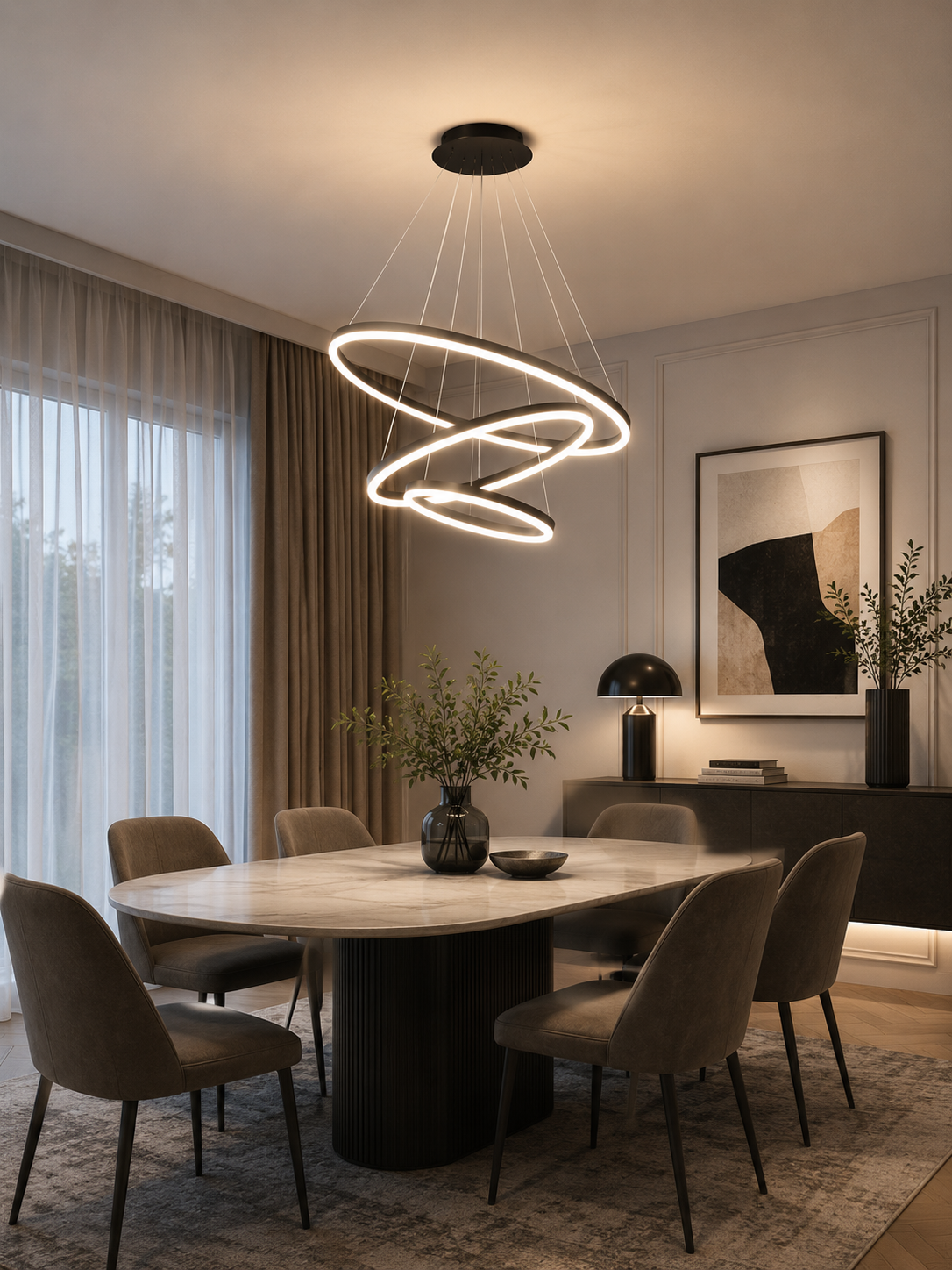 Pendul LED cu telecomandă, 140W, lumină reglabilă 3000K–6500K, Ø600×H1500 mm, finisaj Negru