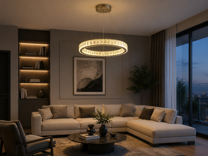 Pendul LED tip inel cu cristale, telecomandă inclusă, 56W, Ø500×H1500 mm, lumină reglabilă 3000K–6500K