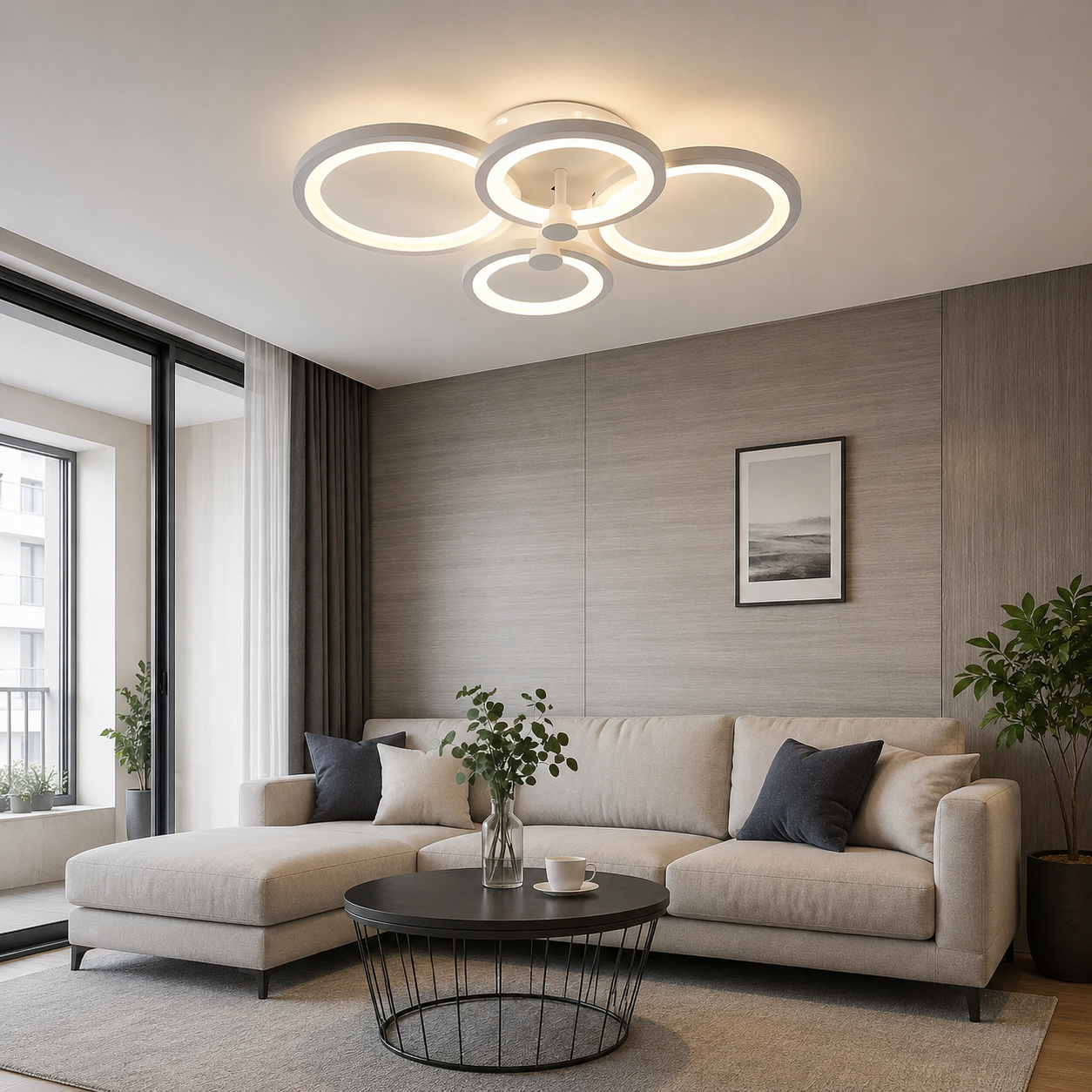 Lustra LED cu telecomanda, Albă 8067/2+2WH – Design Modern cu Inele, 108W, 3000–6500K