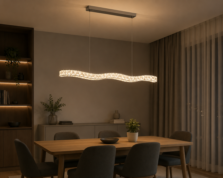 Pendul LED cu cristale, 56W, 800×100×1500 mm, lumină reglabilă 3000K–6500K, telecomandă inclusă