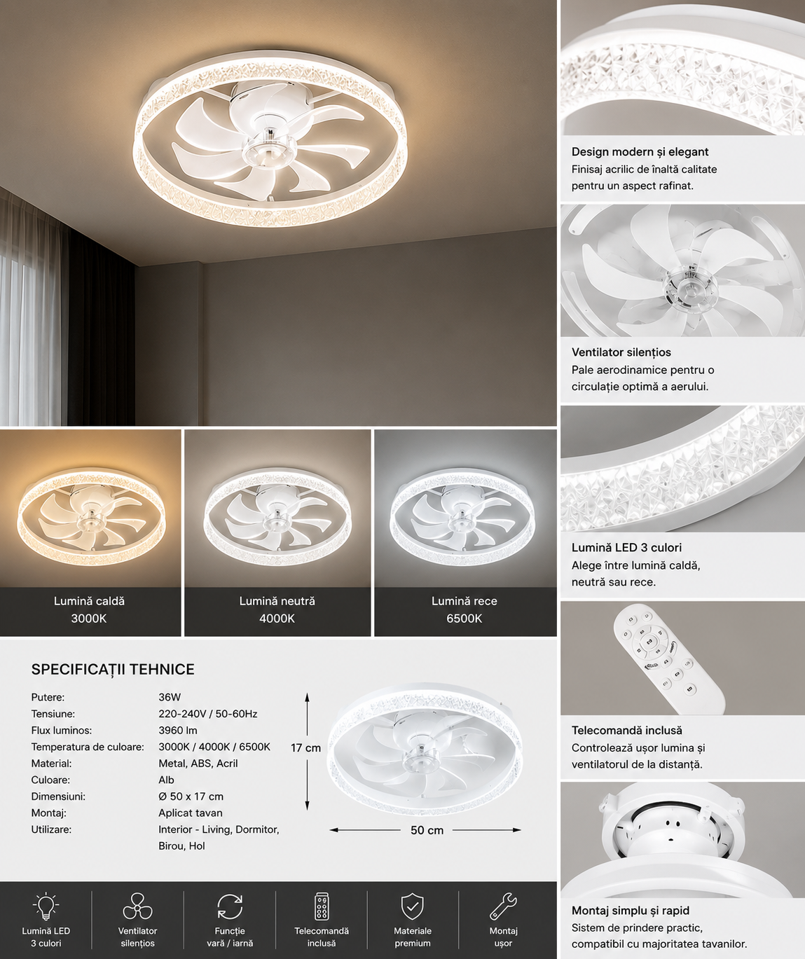 Lustra LED cu Ventilator si  telecomanda – 52W, Ø480×H130 mm, Alb, 3000–6500K 26253/480