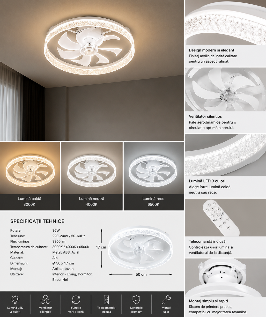 Lustra LED cu Ventilator si  telecomanda – 52W, Ø480×H130 mm, Alb, 3000–6500K 26253/480