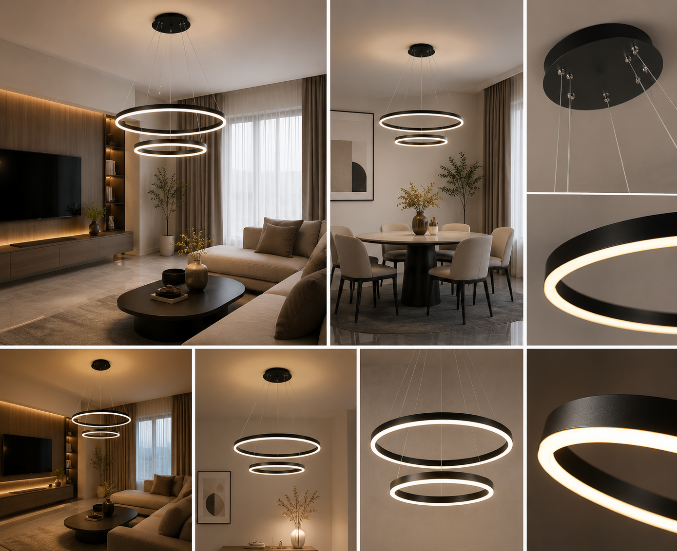 Pendul LED cu 2 cercuri suspendate, 140W, Ø500×H1500 mm, lumină reglabilă 3000K–6500K, telecomandă inclusă, finisaj cafeniu închis (BK)