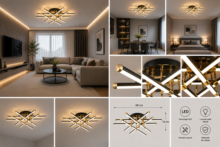Lustră LED 9802/6BK+FGD, 144W, Ø700×H150 mm, lumină reglabilă 3000–6500K, telecomandă inclusă, finisaj negru & auriu