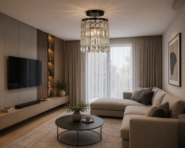 Pendul elegant cu cristale, 1 bec E27, 180×180×650 mm, finisaj metalic lucios