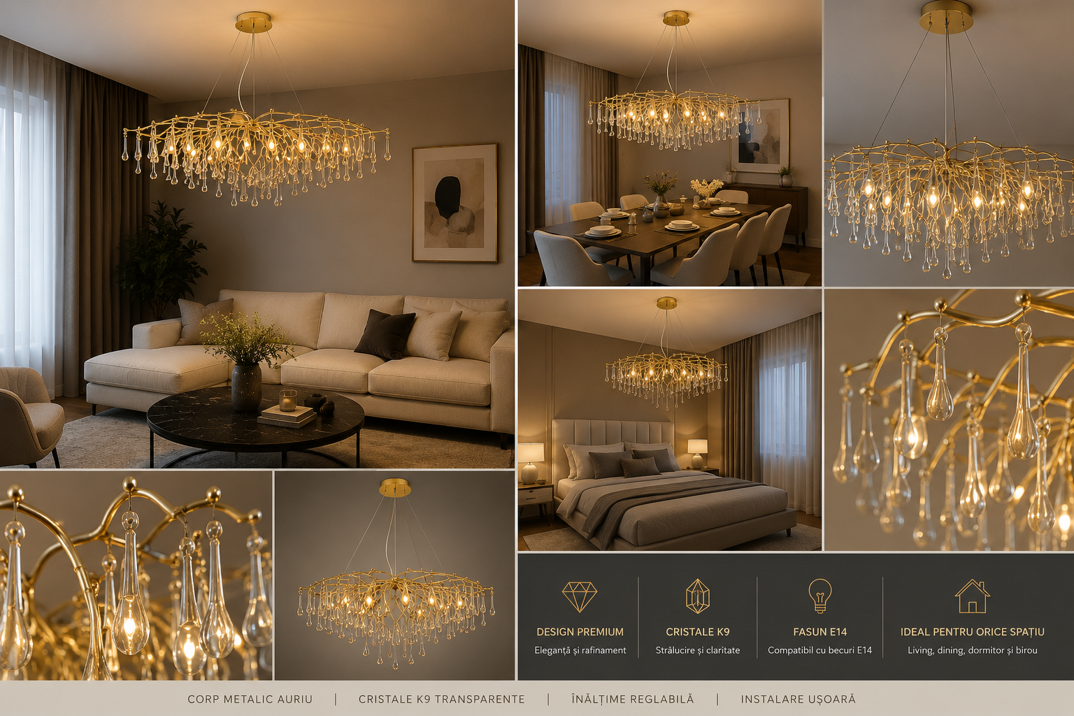 Candelabru Lux cu Cristale, 10xE14, Ø1200 mm, Design Aur Antic – Model 27137/1200+550 OG+FGD