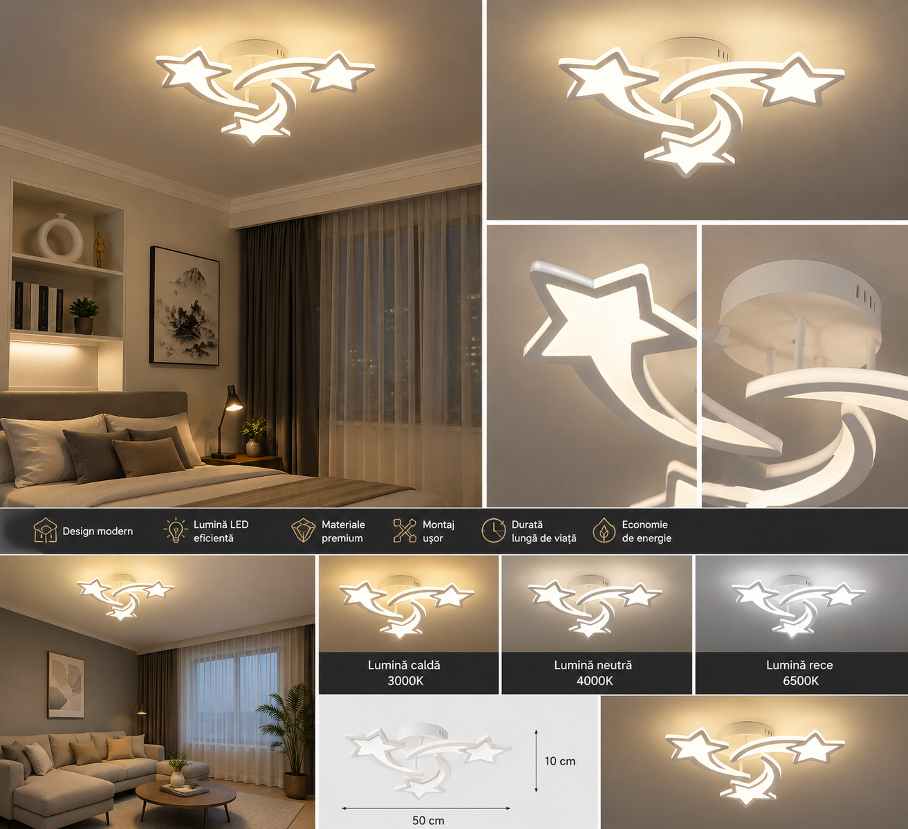 Lustra LED 66W cu telecomandă, Ø700 mm, lumină reglabilă 3000K–6500K – model 19316/3WH