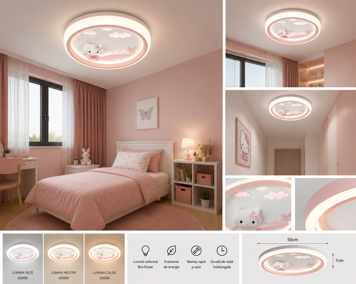 Plafonieră LED copii roz cu pisicuță 3D și telecomandă, model 26224 WH+PIN