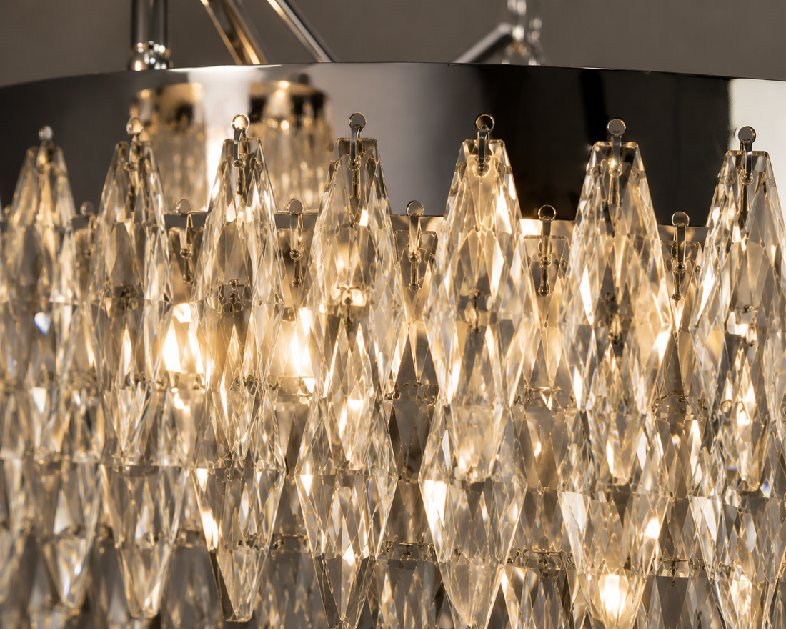 Candelabru cu cristale, 12 becuri E27, Ø600×H640 mm, montaj suspendat, design luxos cromat