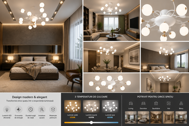 Lustră LED cu Telecomandă, 178W, 3000–6500K, Ø845mm, Alb cu Accente Aurii
