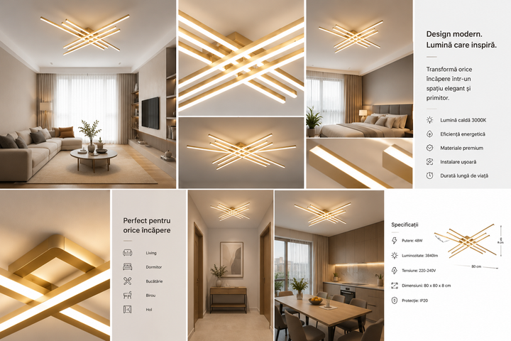 Lustra LED plafon 9795/6FG, 224W, 1200×1200 mm, temperatură reglabilă 3000–6500K, cu telecomandă, design modern Auriu