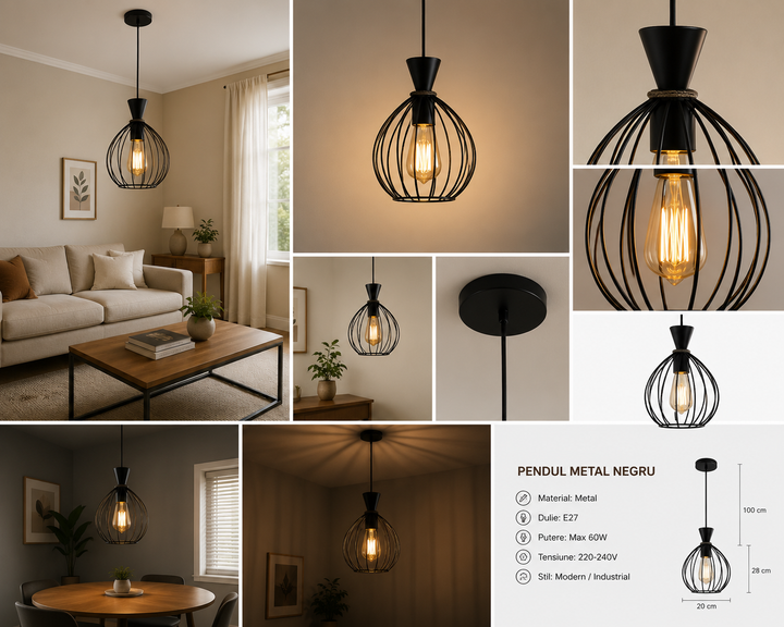 Pendul decorativ metalic, Ø180×H250 mm, 1xE27 max 60W, design rotund cu tije negre, fără telecomandă