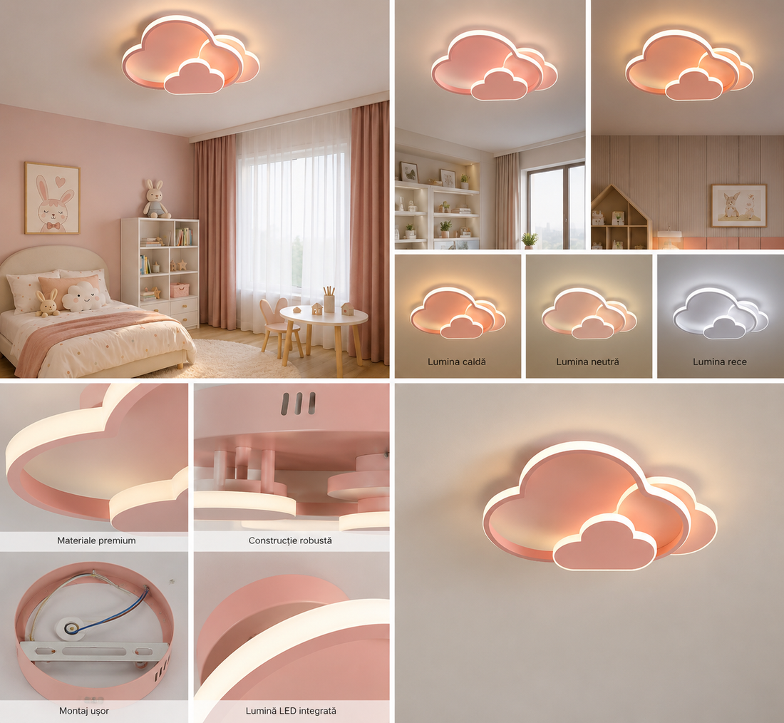 Lustra LED cu telecomanda, 2x43W, lumina reglabilă 3000K–6500K, 500×350×80 mm, design modern compact, roz