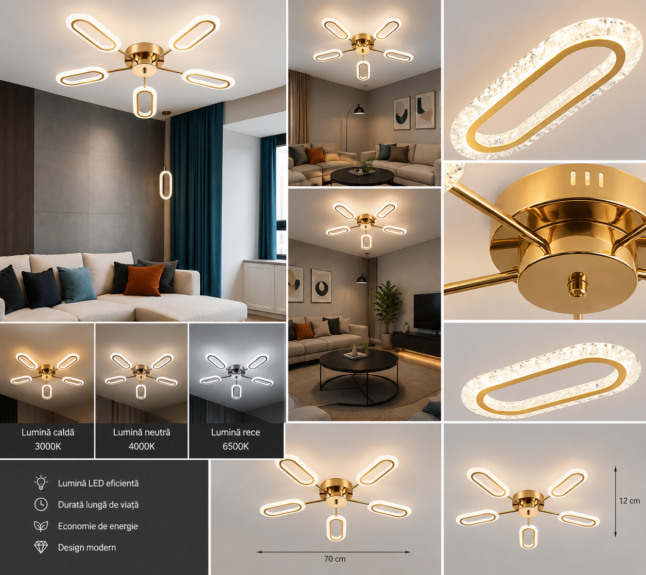 Lustră LED 5 Brațe cu Design Oval, 80W, Temperatură Reglabilă 3000–6500K, cu Telecomandă – Auriu & Cristal, Model L71236/5FGD