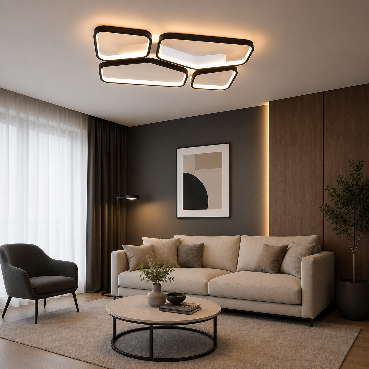 Lustra LED L7754/2+2 – 120W, Design Geometric cu Telecomandă și Lumină Reglabilă