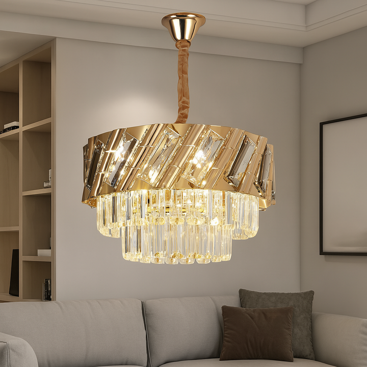 Candelabru Auriu cu Cristale, 5×E27, Ø40 cm, Design Elegant pentru Spații Rafinate