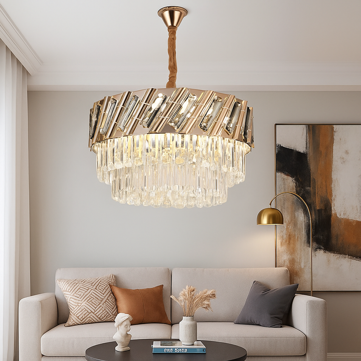 Candelabru Auriu cu Cristale, 8×E27, Ø50 cm, Stil Clasic cu Note Moderne