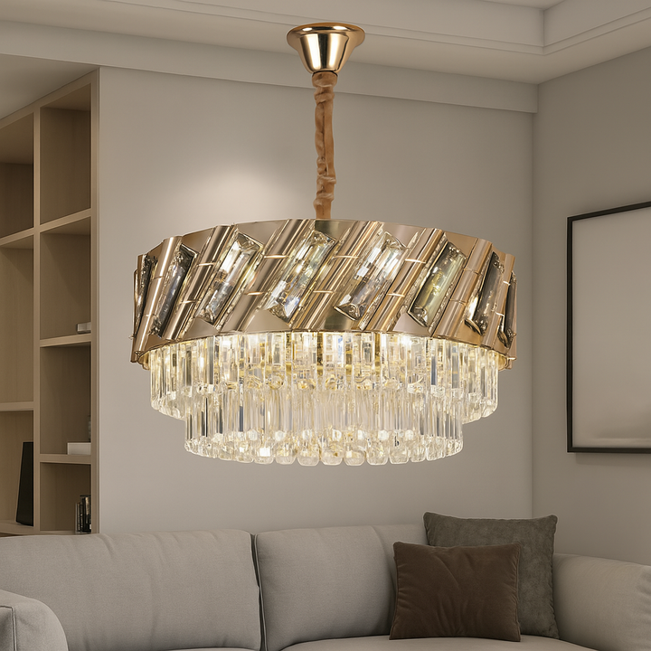 Candelabru Auriu cu Cristale,10×E27, Ø60 cm, Impact Vizual pentru Spatii Mari
