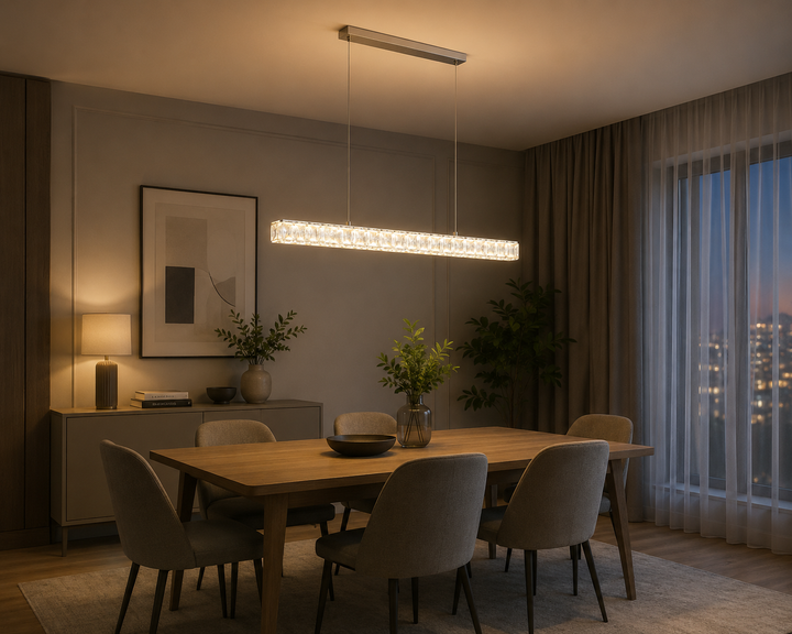 Pendul LED suspendat cu cristale, 56W, 800×55×1500 mm, lumina reglabila 3000K–6500K, telecomandă inclusă