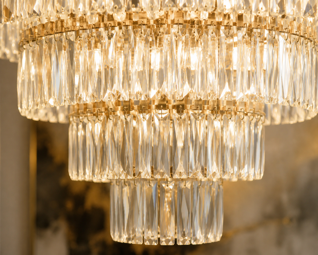 Candelabru de lux cu cristale, 18 becuri E27, Ø780×H510 mm, finisaj auriu, design stratificat