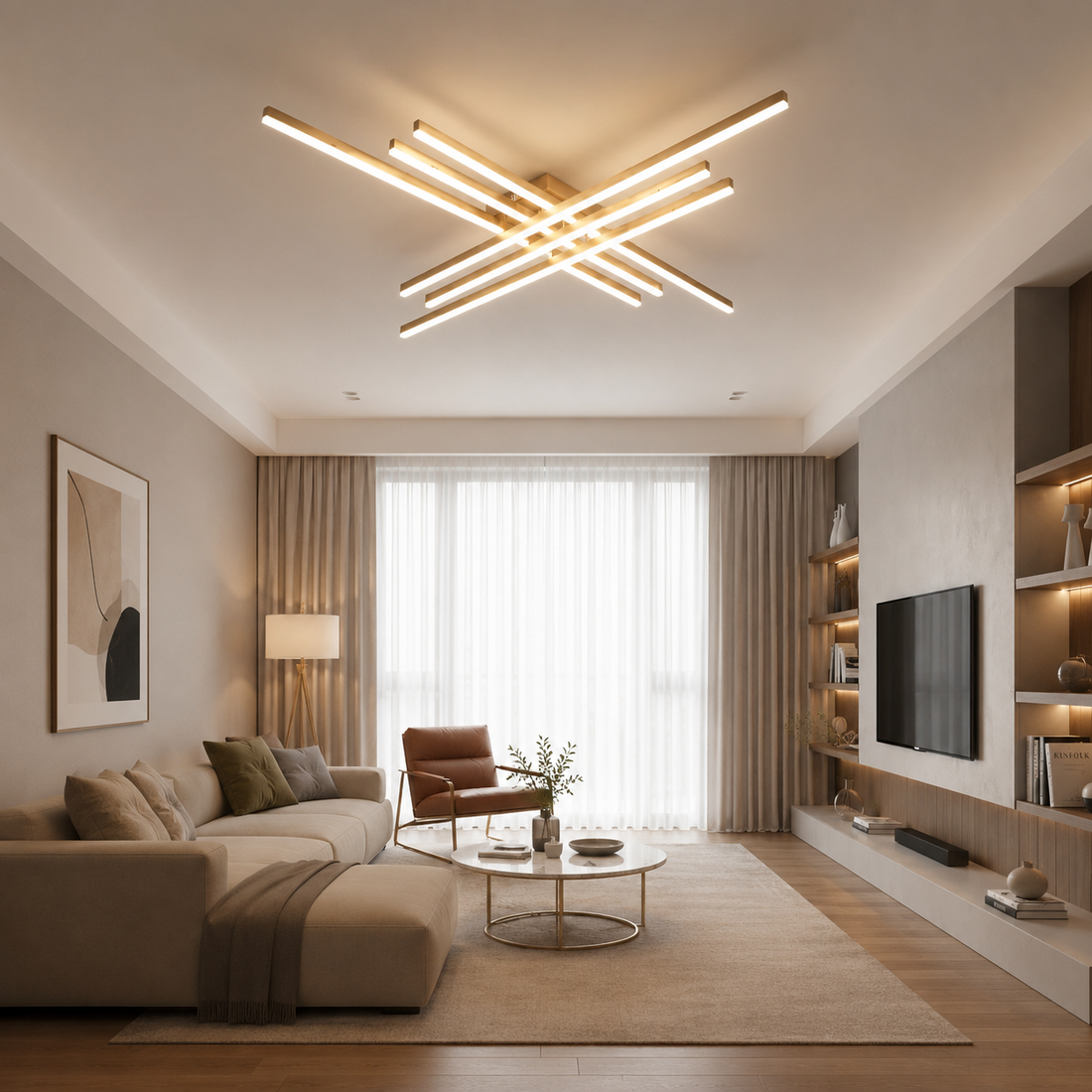 Lustra LED plafon 9795/6FG, 224W, 1200×1200 mm, temperatură reglabilă 3000–6500K, cu telecomandă, design modern Auriu