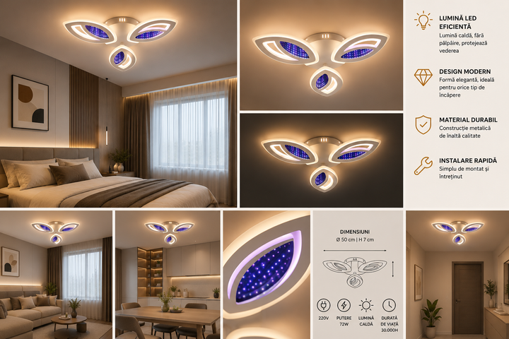 Lustra LED Modernă Alba cu 3 Petale,CU TELECOMANDA REGLABILA 7509/3