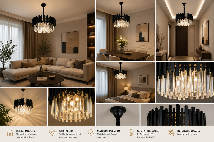 Candelabru Negru cu Cristale, 8×E27, Ø50 cm, Design Elegant