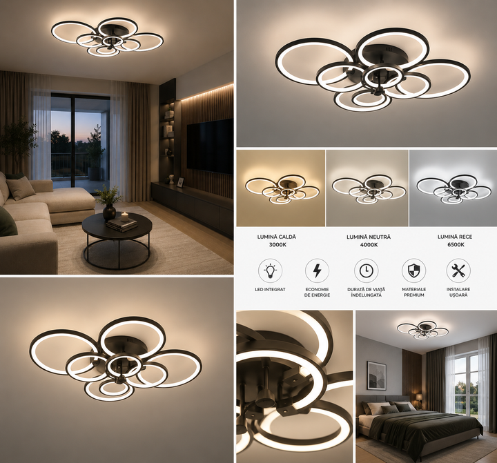 Lustra LED cu telecomanda 8067/4+4, Design cu Inele, 300W, Negru