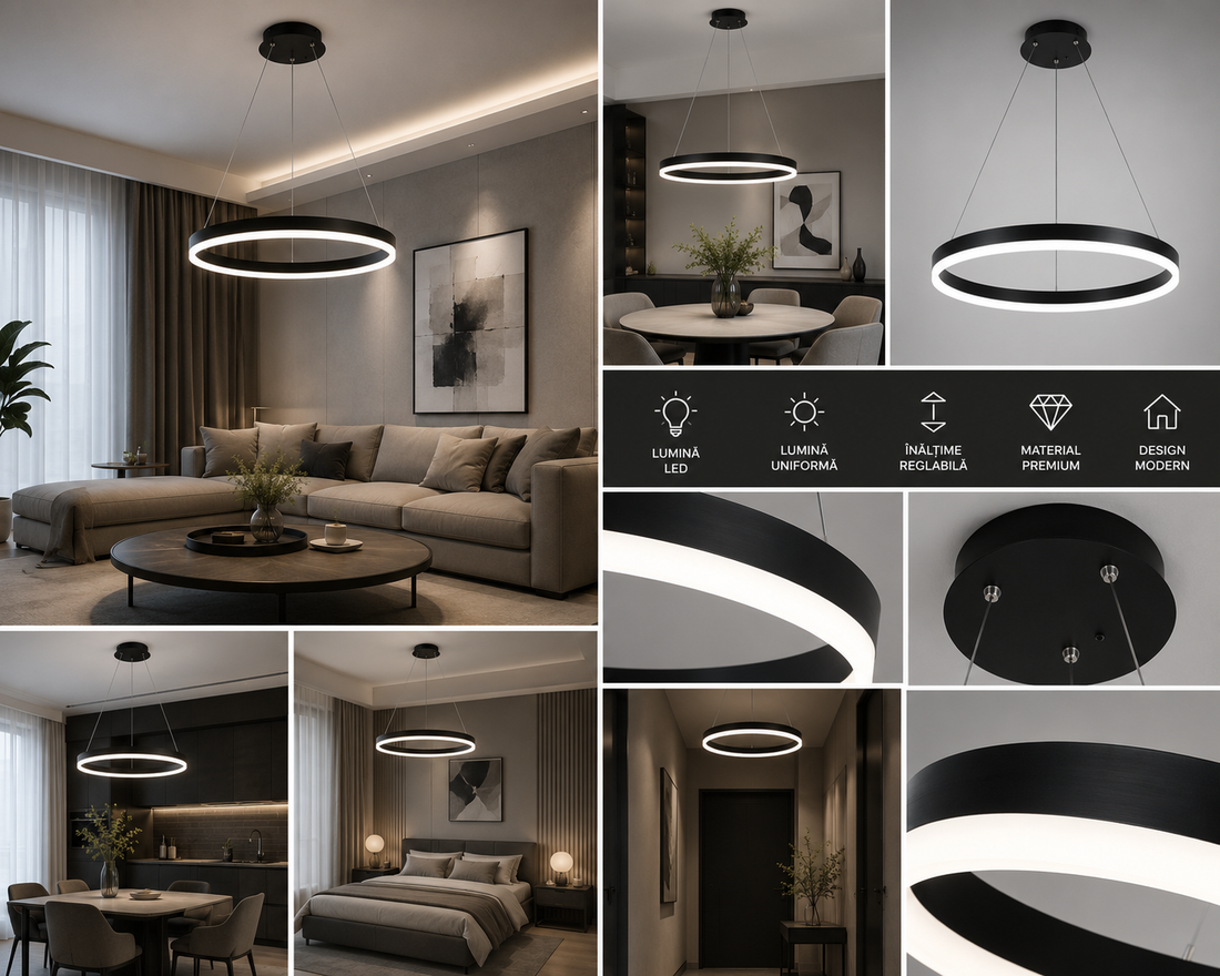 Pendul LED cu telecomanda, 55W, lumina reglabila 2800K–6500K, Ø500 mm, design modern negru