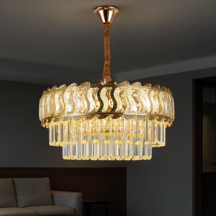 Candelabru  cu cristale, 5 surse E27, Ø ≈ 400 mm, finisaj auriu – model 3526-400 FGD