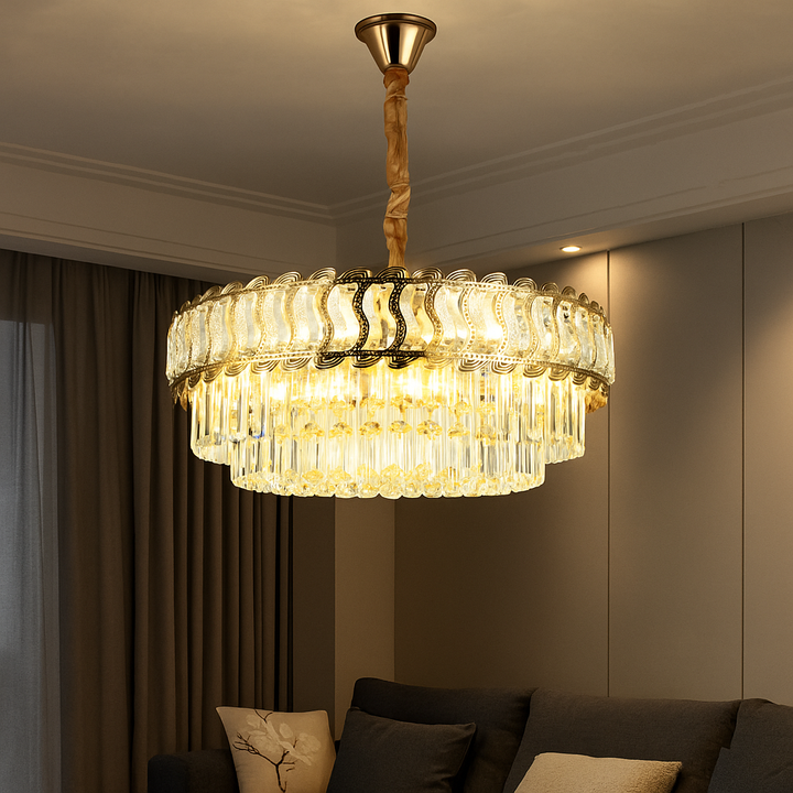 Candelabru cu cristale, 10 surse E27, Ø ≈ 600 mm, finisaj auriu – model 3526-600 FGD