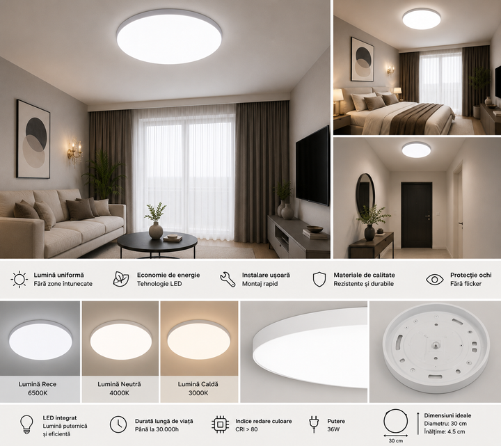 Plafoniera LED rotunda, Ø260 mm, 24W, 6500K, ML-002/260WH