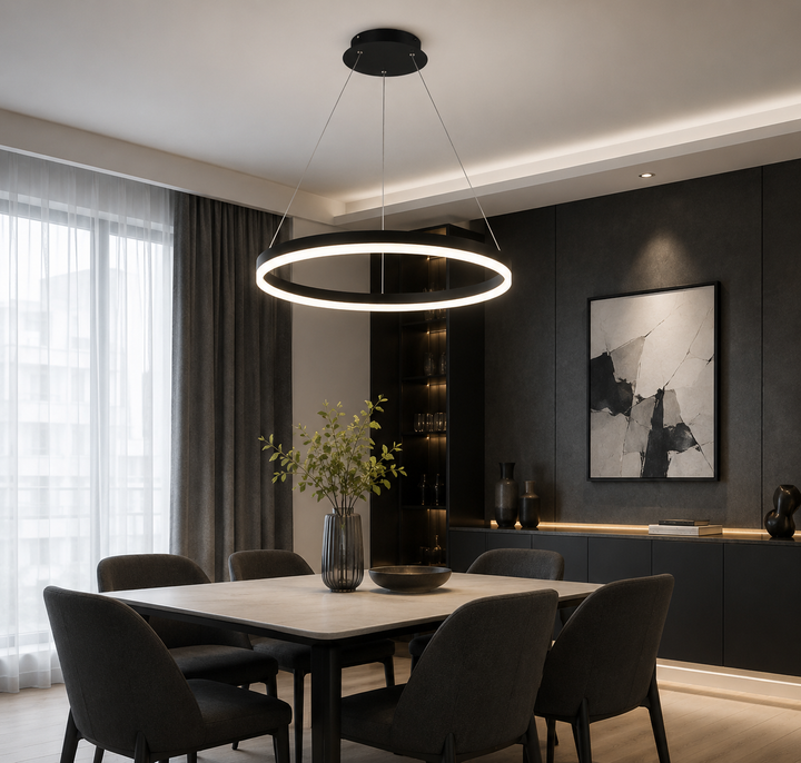Pendul LED cu telecomanda, 55W, lumina reglabila 2800K–6500K, Ø500 mm, design modern negru