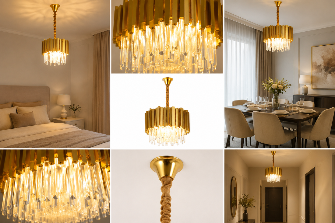 CANDELABRU AURIU CU CRISTALE, 3×E27, Ø30 CM, DESIGN ELEGANT ȘI MODERN 3211/300FG