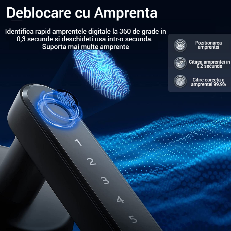Incuietoare inteligenta Smart – Amprenta, PIN, cheie si aplicație Tuya, Android & iOS, Bluetooth, finisaj aluminiu negru